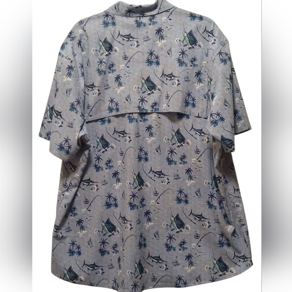IZOD SaltWater - Blue Button Down, Short Sleeve Shirt, Fishing Theme Print, XXL - Picture 3 of 7